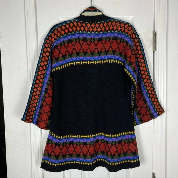 Vintage Boho 70’s Open Front Geo Knit Mid Long Cardigan Duster Sweater Sz M - Picture 5 of 7